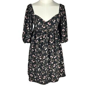 WAYF Women's Black Floral Sweetheart Neck Babydoll Mini Dress‎ Small 1/2 Sleeve